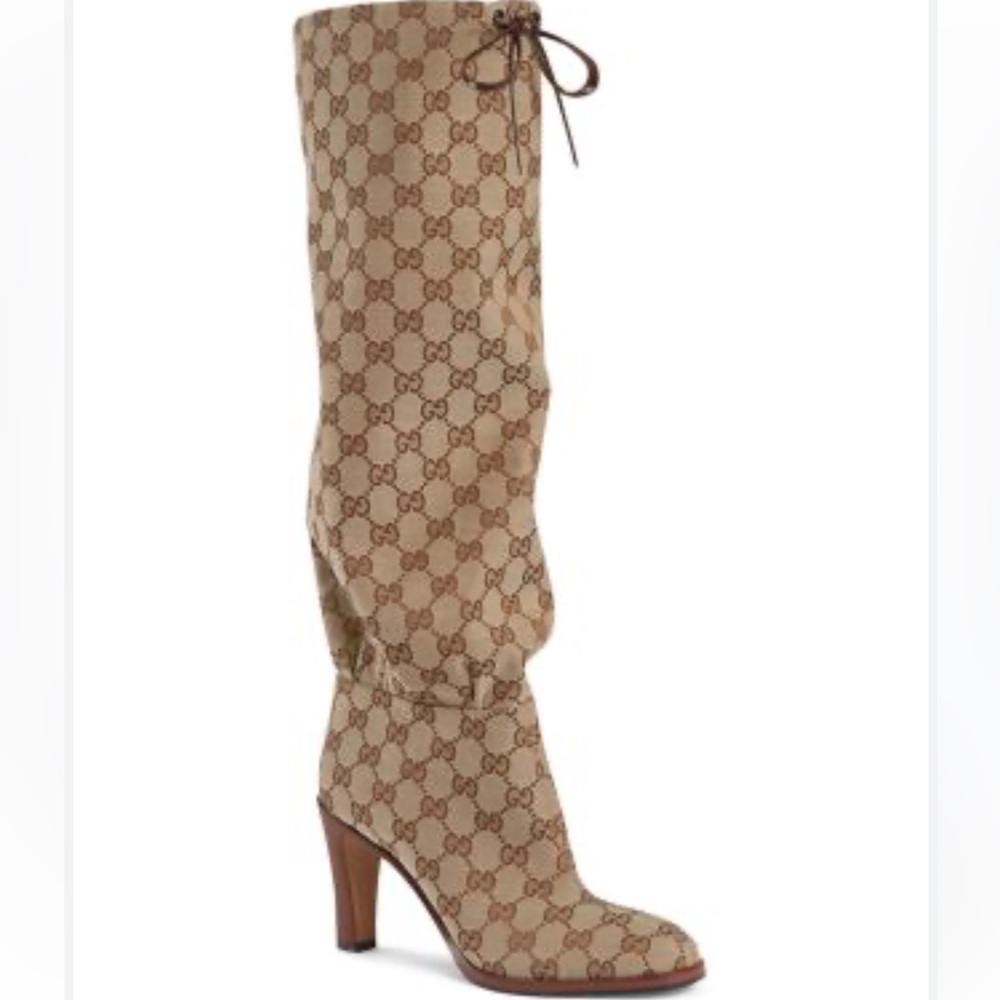 New GUCCI Lisa boots GG monogram beige CANVAS KNEE-HIGH Lisa heeled boots - Picture 5 of 10